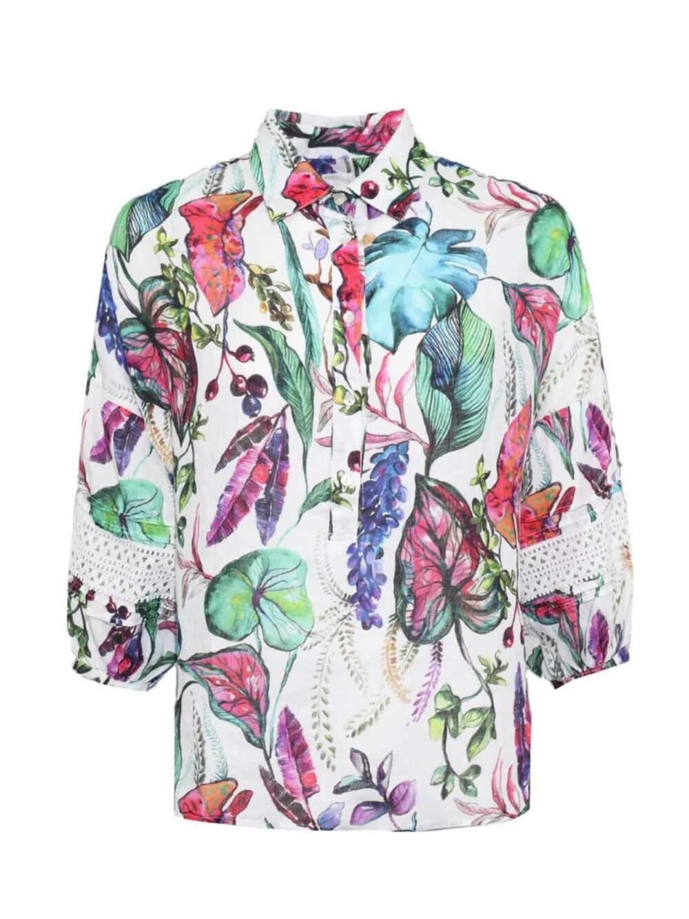 120% Lino Embroidered Botanical-Print Shirt / Size 46 / Large Floral Multi Linen